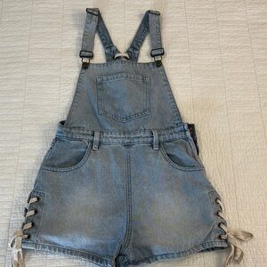 MinkPink Small Cottagecore Denim Light Blue Overalls with Lace-Up sides